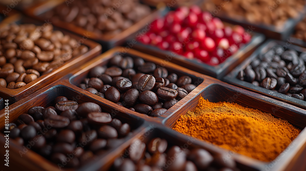 Advertising Photography of Assorted Flavored Coffee Beans in Open Square Containers Advertising Photography of Assorted Flavored Coffee Beans in Open Square Containers