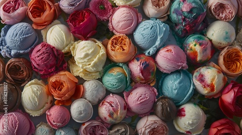 Artfully arranged ice cream scoops in a variety of flavors  resembling a vibrant floral bouquet in edible form