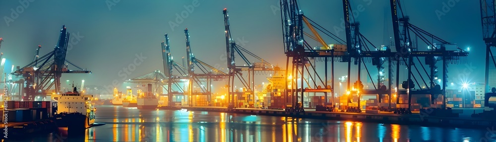 Bustling Port with Cranes Under Twinkling City Skyline at Night Bustling Port with Cranes Under Twinkling City Skyline at Night