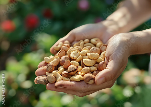 A handful of mixed nuts featuring almonds, pistachios, cashews, walnuts, raisins, and pine nuts