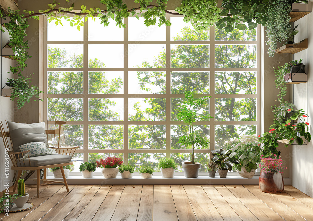 A beautiful balcony with a wooden floor, a comfortable chair and green flowers in pots is an oasis of peace and relaxation.