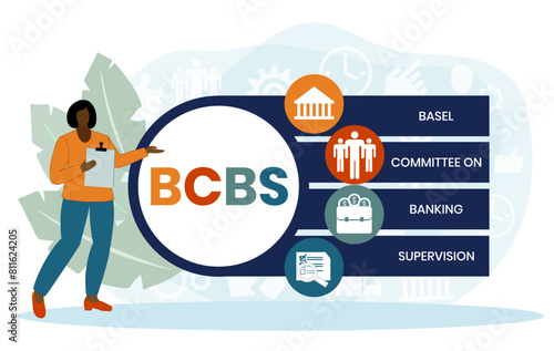 BCBS, BASEL COMMITTEE ON BANKING SUPERVISION. Concept with keyword and icons. Flat vector illustration. Isolated on white.