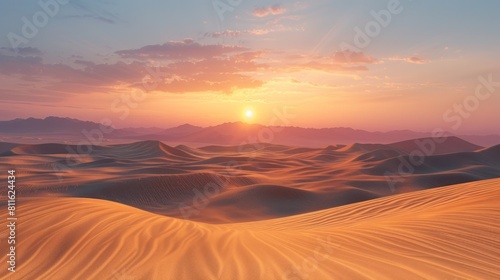 Serene Desert Sunset Landscape with Distant Mountains and Glowing Horizon
