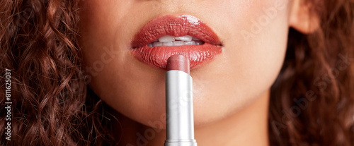Obraz na plátně Woman, lipstick and studio with closeup, mouth and pout for cosmetic or makeup