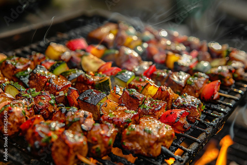 Sizzling Grilled Skewers. Juicy BBQ skewers with meat and vegetables cooking over a flame.
