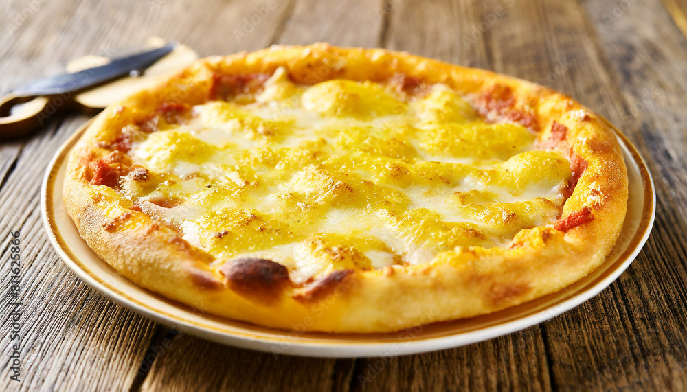 Classic Italian cheese pizza on white plate. Delicious Margherita pizza. Cafe or restaurant food. Classic Italian cheese pizza on white plate. Delicious Margherita pizza. Cafe or restaurant food.