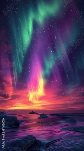 Aurora Borealis Shimmering in the Night Sky with Vibrant Colors Dancing Across the Horizon