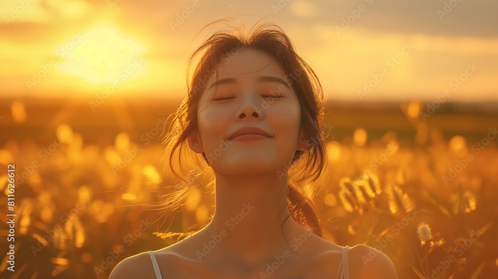 portrait of a woman in the field during sunrise, backlight scene portrait of a woman in the field during sunrise, backlight scene