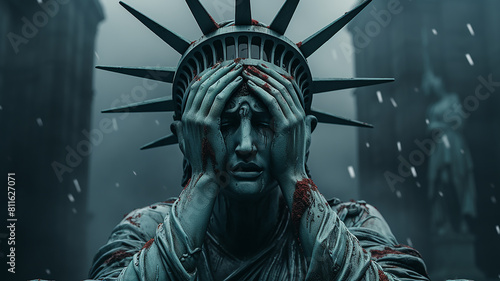 statue of liberty with head in hands, breakdown of society concept