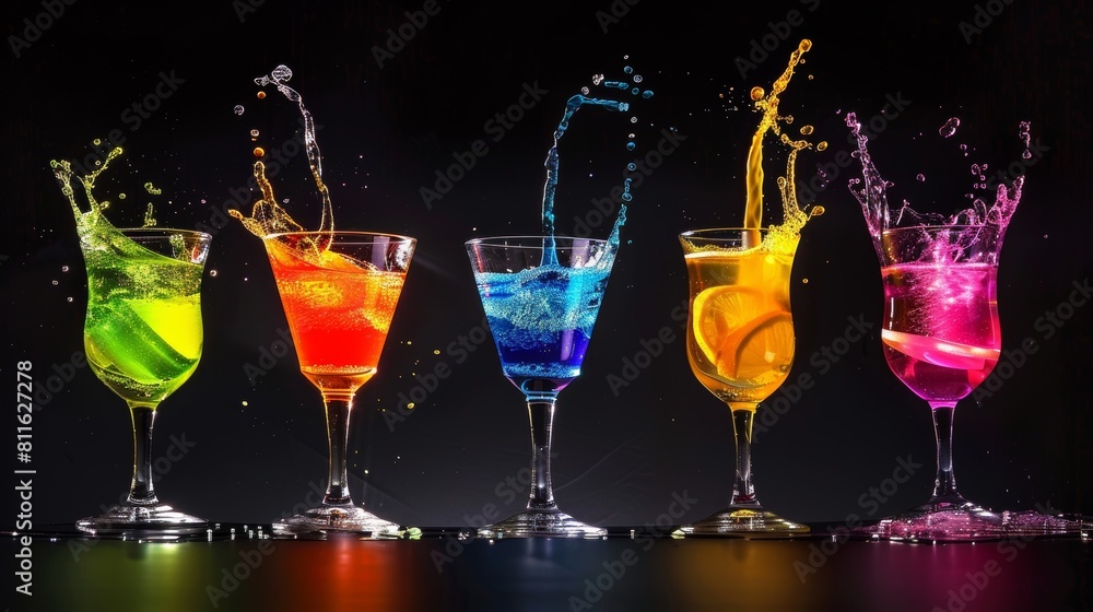Noisefree silhouette scene of multiple colorful cocktails being poured simultaneously, clear glasses capturing the flowing vibrant liquids Noisefree silhouette scene of multiple colorful cocktails being poured simultaneously, clear glasses capturing the flowing vibrant liquids