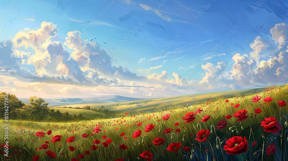 field of poppies with blue sky and clouds