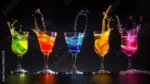 Noisefree silhouette scene of multiple colorful cocktails being poured simultaneously  clear glasses capturing the flowing vibrant liquids