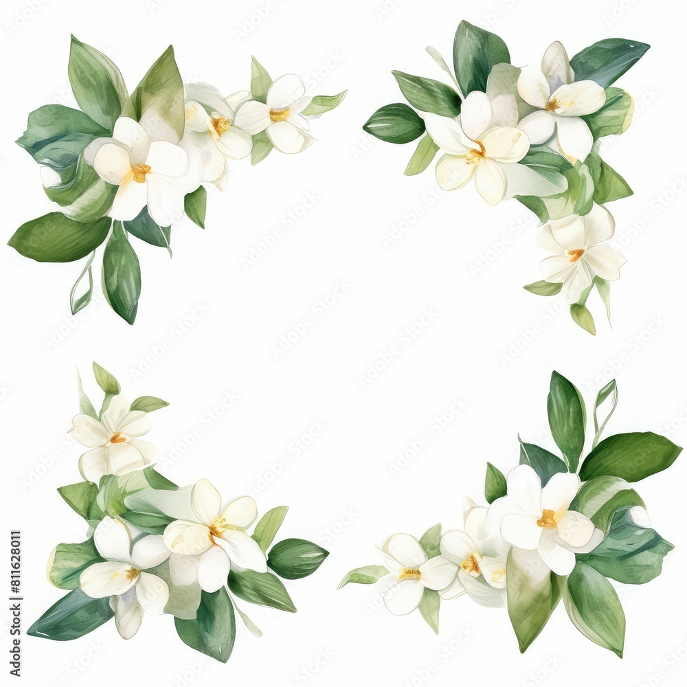 jasmine themed frame or border for photos and text. delicate white flowers and green leaves. watercolor illustration, For packaging, greeting and invitation cards and labels. For banners, flyers. jasmine themed frame or border for photos and text. delicate white flowers and green leaves. watercolor illustration, For packaging, greeting and invitation cards and labels. For banners, flyers.