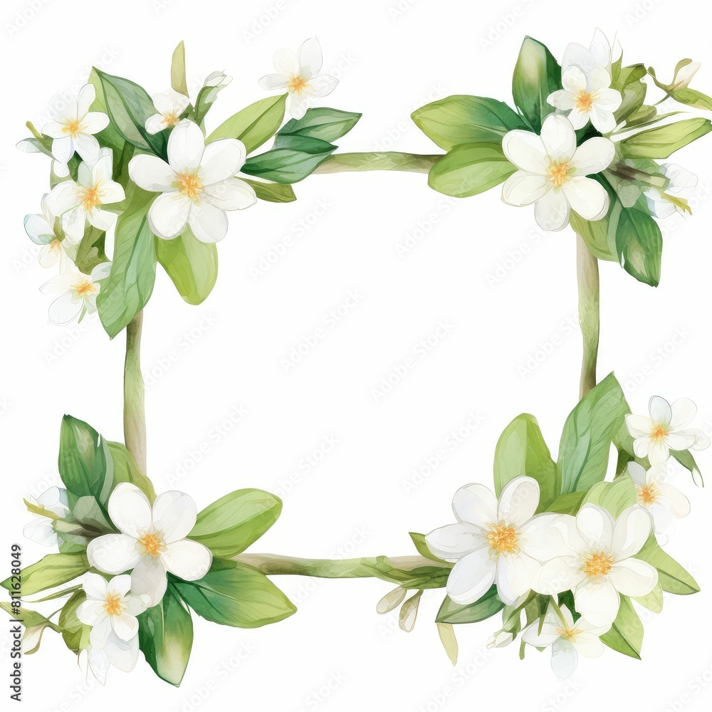 jasmine themed frame or border for photos and text. delicate white flowers and green leaves. watercolor illustration, For packaging, greeting and invitation cards and labels. For banners, flyers. jasmine themed frame or border for photos and text. delicate white flowers and green leaves. watercolor illustration, For packaging, greeting and invitation cards and labels. For banners, flyers.
