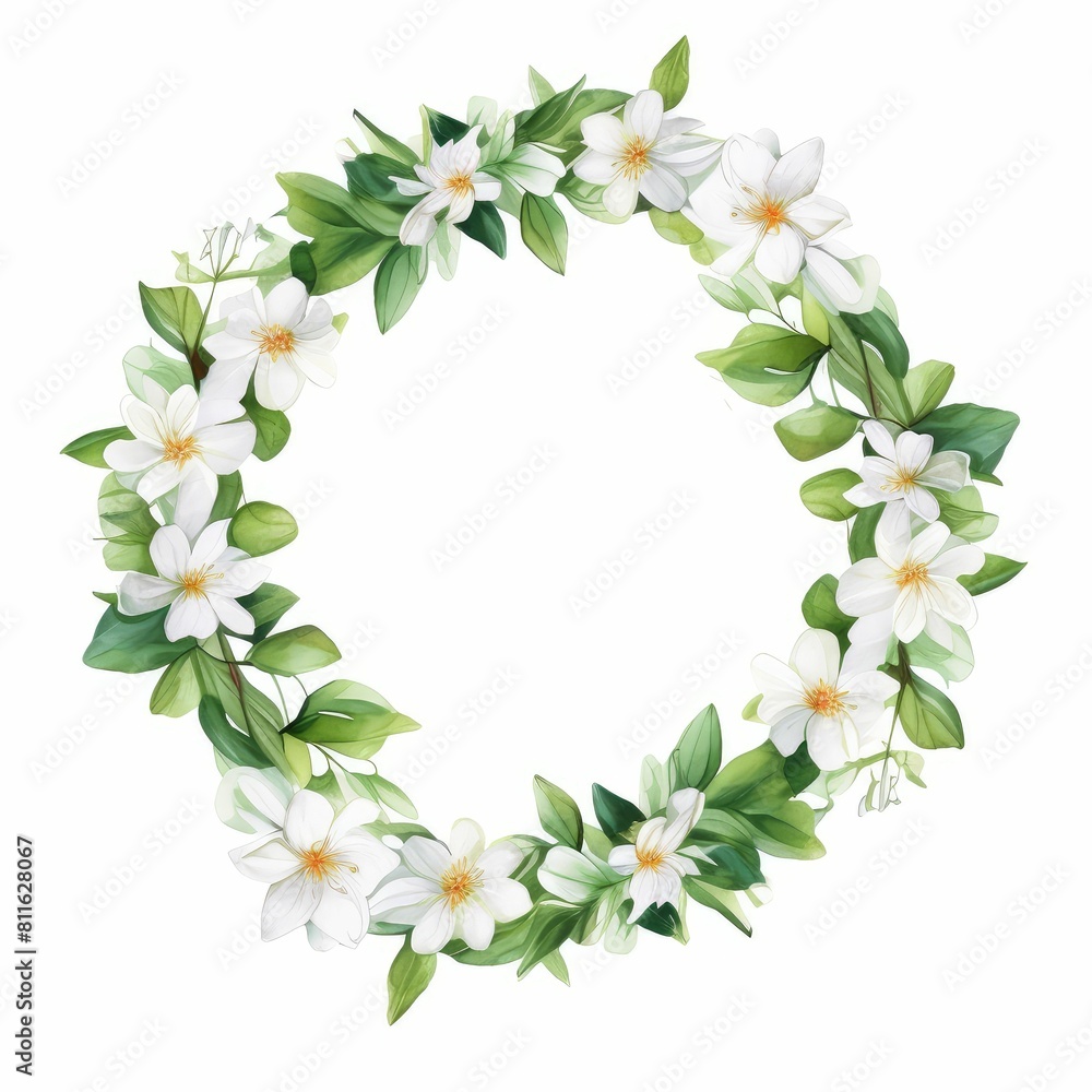 Fototapeta premium jasmine themed frame or border for photos and text. delicate white flowers and green leaves. watercolor illustration, For packaging, greeting and invitation cards and labels. For banners, flyers.