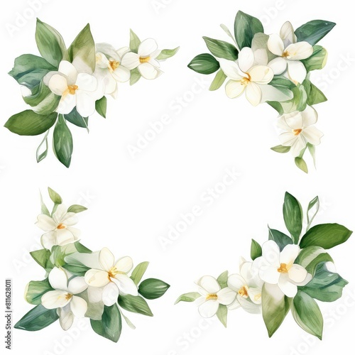 Fototapeta Naklejka Na Ścianę i Meble -  jasmine themed frame or border for photos and text. delicate white flowers and green leaves. watercolor illustration,  For packaging, greeting and invitation cards and labels. For banners, flyers.