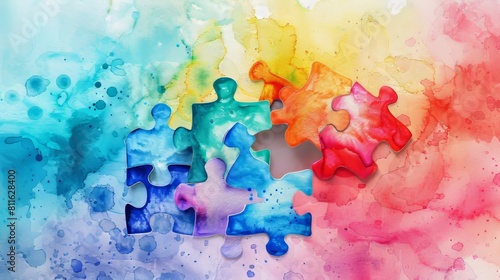 Colorful watercolor puzzle, symbol of Autism awareness day for children with Autism Spectrum Disorder, ASD.