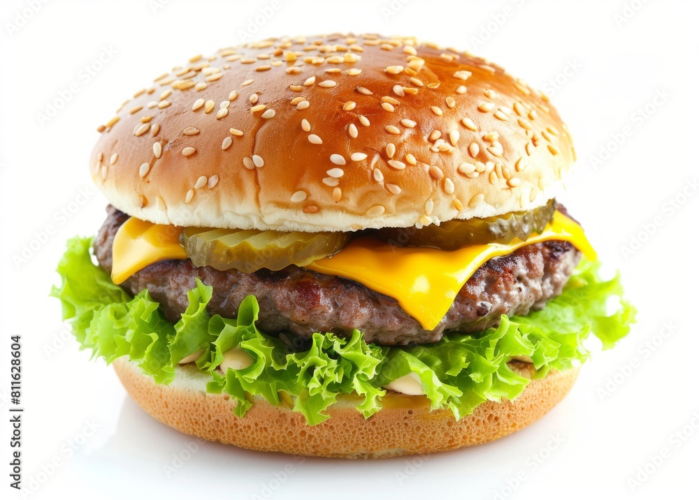 A tasty hamburger with fries, fast food, white background