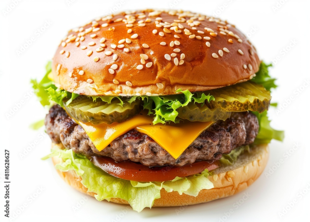 A tasty hamburger with fries, fast food, white background A tasty hamburger with fries, fast food, white background
