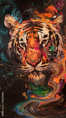 Abstract tiger painting with vivid colors and dynamic hues embodies wild spirit.