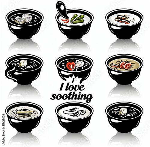 A set of icons for soup  black vector on white background with reflection and text  I love soothing   simple design  high resolution  professional photography  very sharp focus  no blur effect