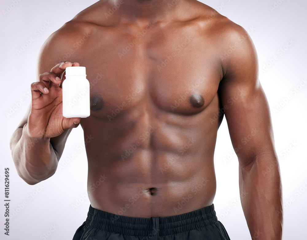 Hands, supplements and pill bottle for man with fitness choice, decision or test by white background. Person, athlete and bodybuilder for drugs, medical or pharma product for muscle growth in studio Hands, supplements and pill bottle for man with fitness choice, decision or test by white background. Person, athlete and bodybuilder for drugs, medical or pharma product for muscle growth in studio