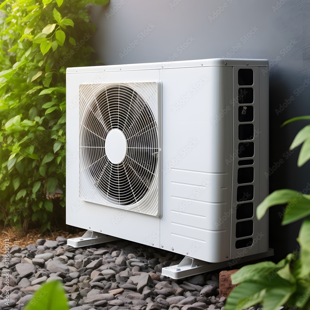 Air source heat pump installed in residential building. Generative AI. Air source heat pump installed in residential building. Generative AI.