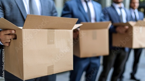 Several laid-off business representatives hold boxes full of documents and say goodbye to each other with sad speeches, with modern financial buildings in the background，Farewell Amidst Downsizing: © Da