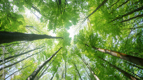 Photo of Trees in forest from below, green tops of trees, blue sky background. Generative AI
