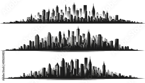 Set of Black and White Urban City Skylines with Distinct Building Silhouettes 