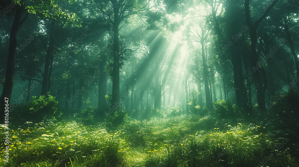 A forest with sunlight shining through the trees. The sunlight is bright and warm, creating a peaceful and serene atmosphere. The trees are tall and green, with leaves rustling in the breeze A forest with sunlight shining through the trees. The sunlight is bright and warm, creating a peaceful and serene atmosphere. The trees are tall and green, with leaves rustling in the breeze