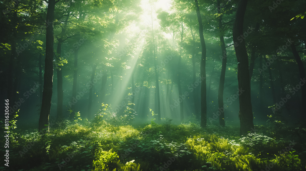 A forest with sunlight shining through the trees. The light is bright and warm, creating a peaceful and serene atmosphere. The trees are tall and green, with leaves rustling in the breeze