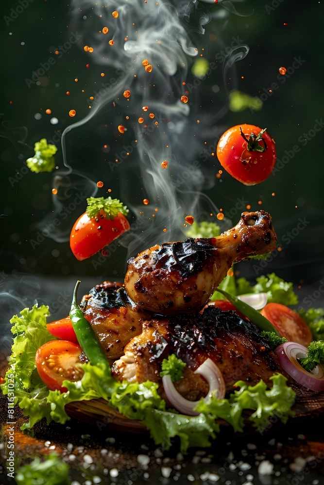 Flavorful crispy chicken, cooked just right, served warm and highly appetizing, with a side of sliced onions, sliced chilies, sliced peppers, and sliced tomatoes, elegantly served on wood. Flavorful crispy chicken, cooked just right, served warm and highly appetizing, with a side of sliced onions, sliced chilies, sliced peppers, and sliced tomatoes, elegantly served on wood.
