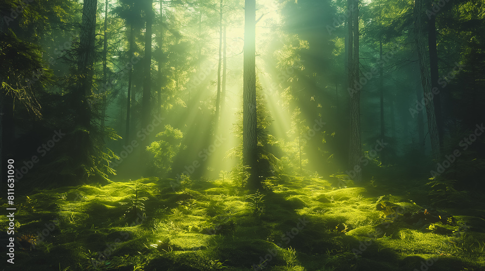 A forest with sunlight shining through the trees