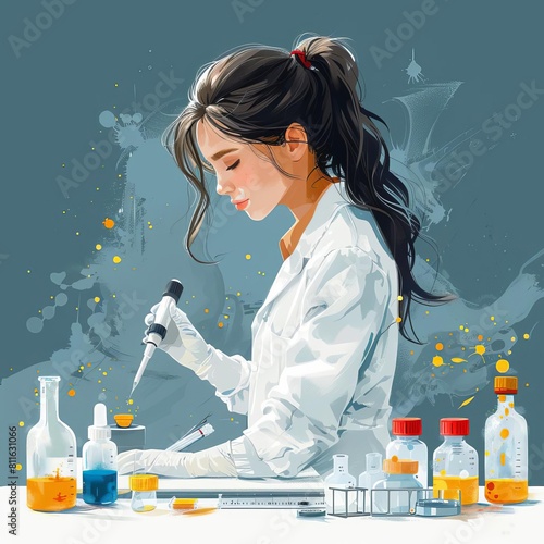 A young female scientist in a lab coat carefullyDi Ding ates a test tube. photo