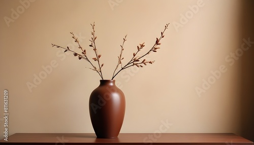 Clean Aesthetic Scandinavian style table with decorations. Zen. Spiritual Vase and flowers. Brown. Beige. 