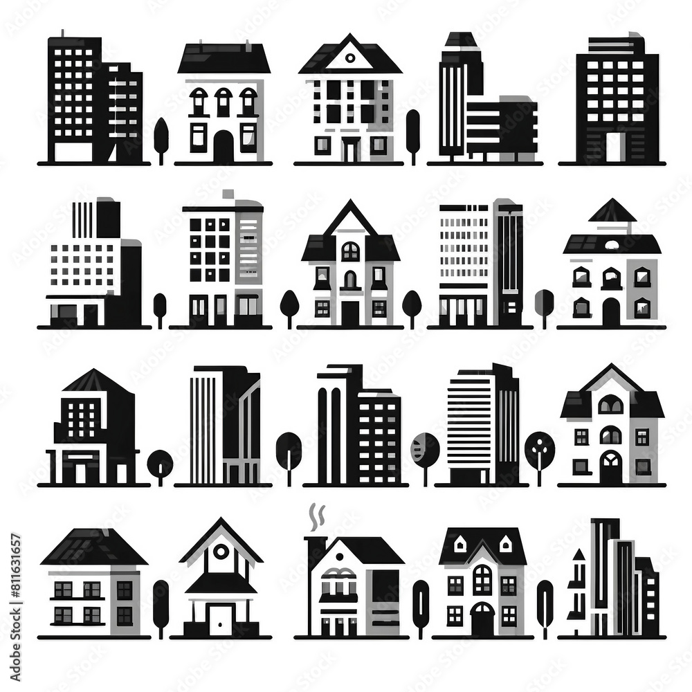 Collection of Black and White Building Icons for Urban Design and Architecture
