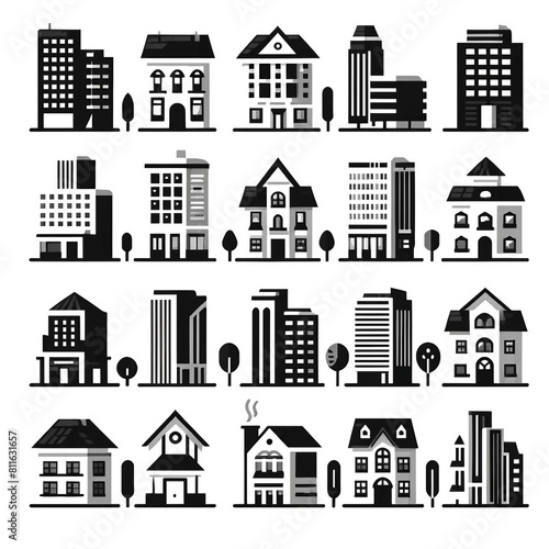 Collection of Black and White Building Icons for Urban Design and Architecture 