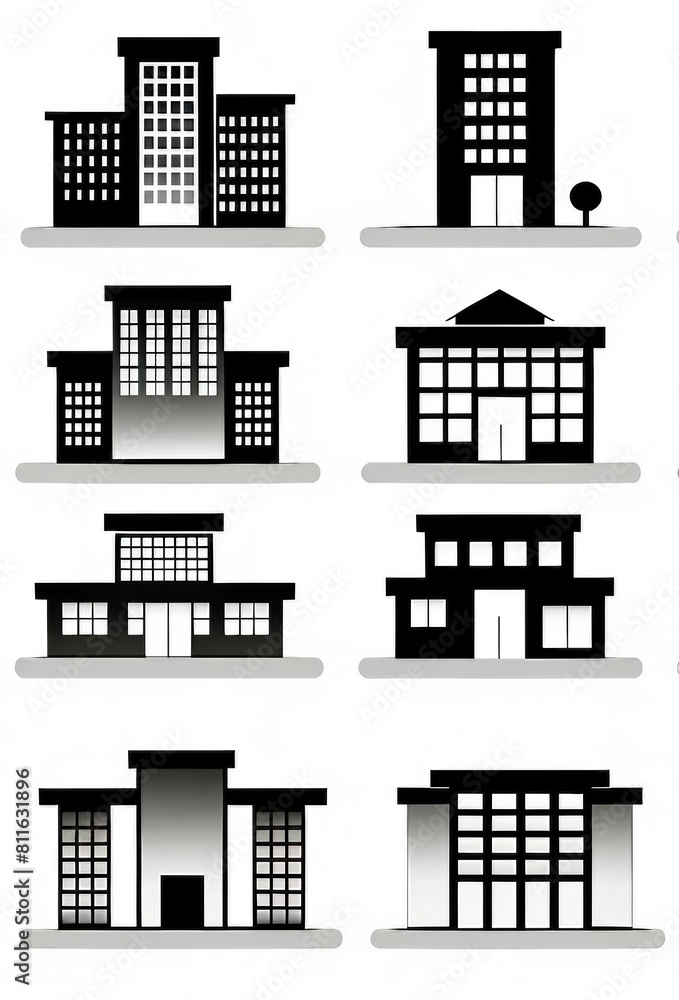 Fototapeta premium Collection of Black and White Building Icons for Urban Design and Architecture 