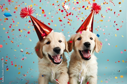 A pair of adorable golden retriever puppies gleefully playing with confetti while donning matching red party hats, the joy evident in their bright eyes against a tranquil blue background.