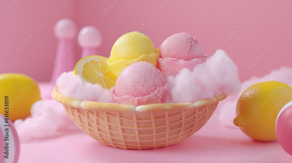 Fototapeta premium A symphony of colors with scoops of bubblegum, cotton candy, and lemon gelato arranged in a waffle bowl