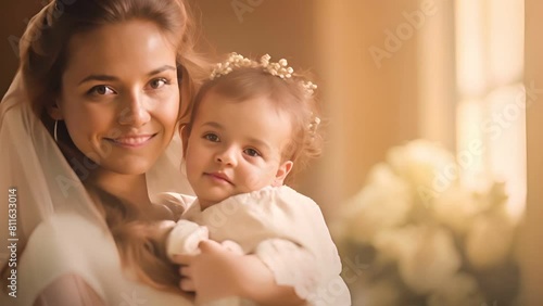 Portrait pretty woman holding a newborn baby , Loving mom carying of her newborn baby in her arms  photo