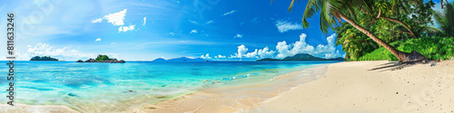 Sandy tropical beach with island on background. Generative AI