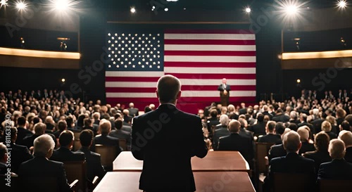 Politician giving a speech at a meeting with the US flag in the background. photo
