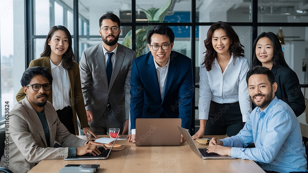 The company employees are gathered in the office, having a meeting together The company employees are gathered in the office, having a meeting together
