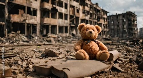 Stuffed animal in a city destroyed by war. photo