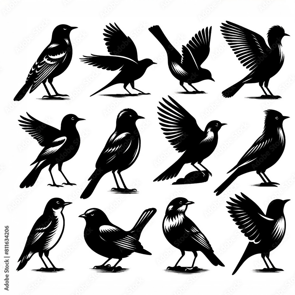 Set of Black Bird Silhouettes in Various Poses Isolated on White Background
Set of Black Bird Silhouettes in Various Poses Isolated on White Background