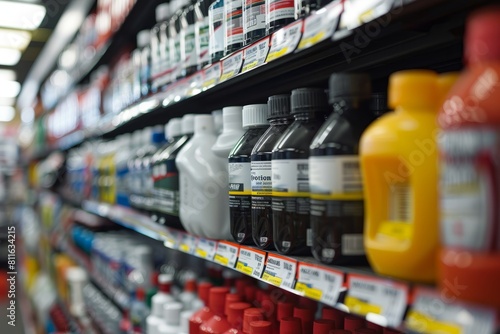 Shelving unit in an auto parts store showcasing various products like bottles and accessories in an organized manner