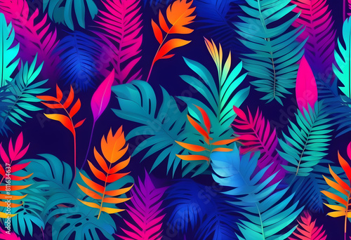 A digital art piece featuring tropical leaves in vibrant holographic colors