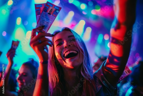 A smiling woman holding up a pair of concert tickets with excitement and anticipation